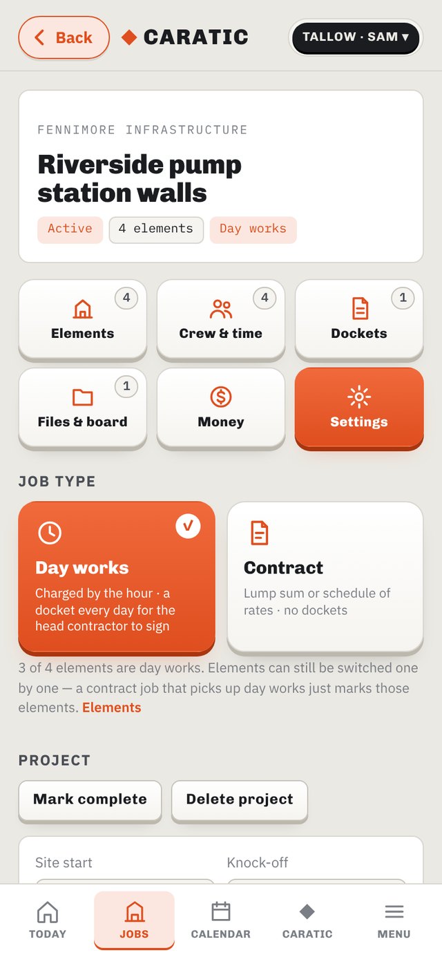 Job settings — day works or contract, site hours, overtime rules