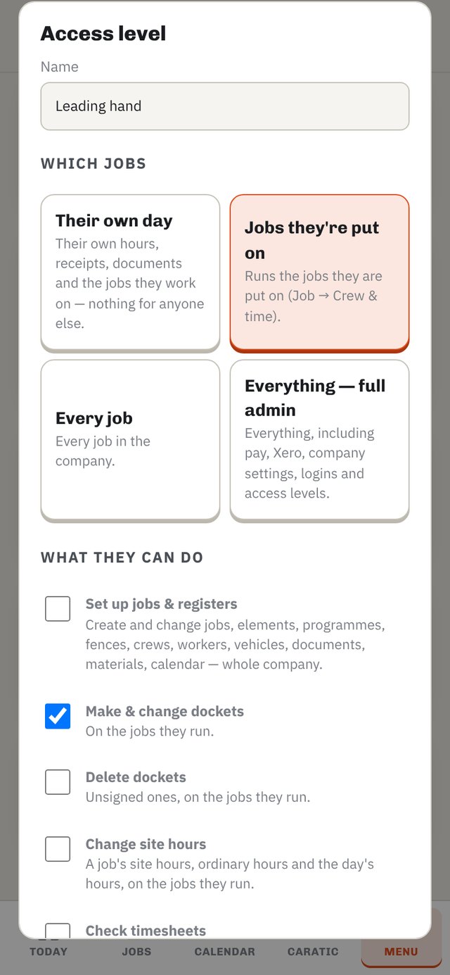 Editing an access level — which jobs and what they can do