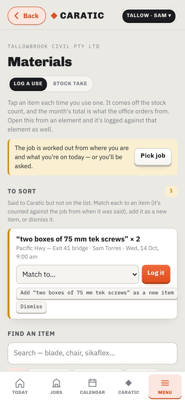 Materials — log a use, stock take