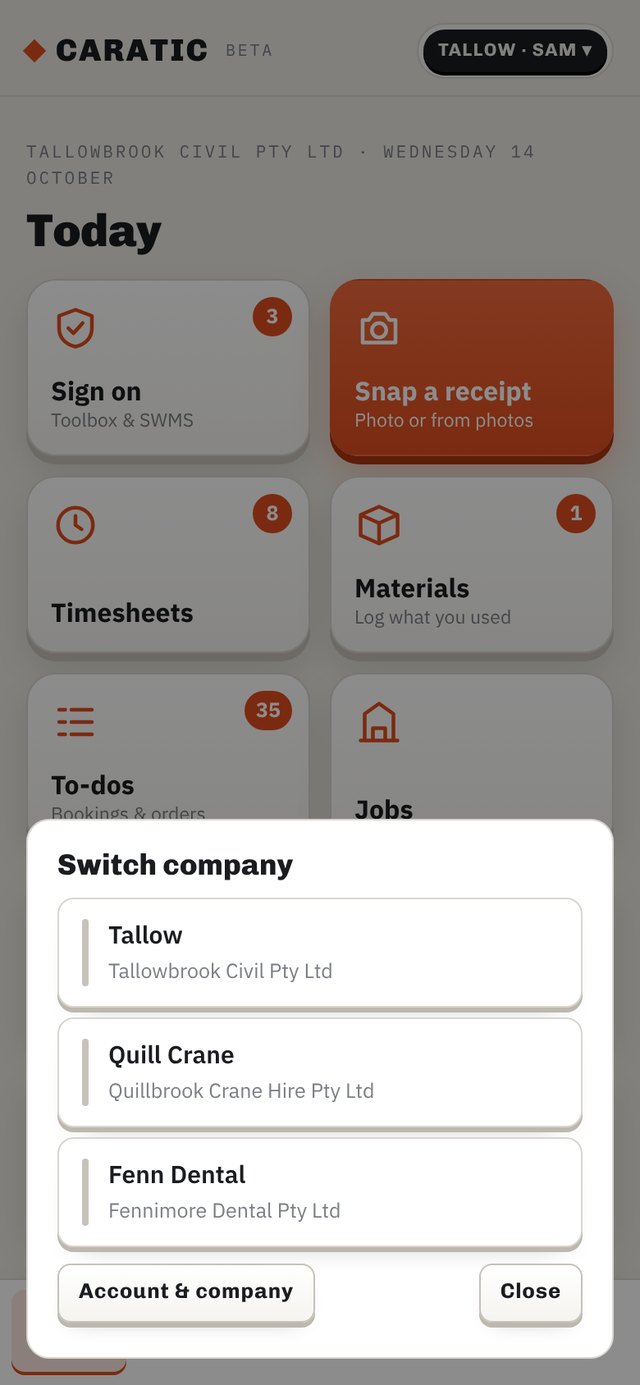 Switch company — three companies on one login