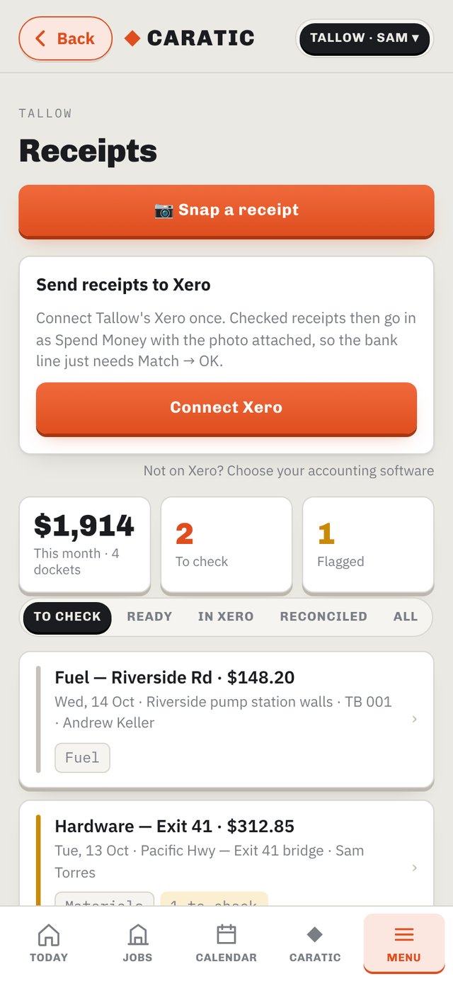 Receipts screen with Xero