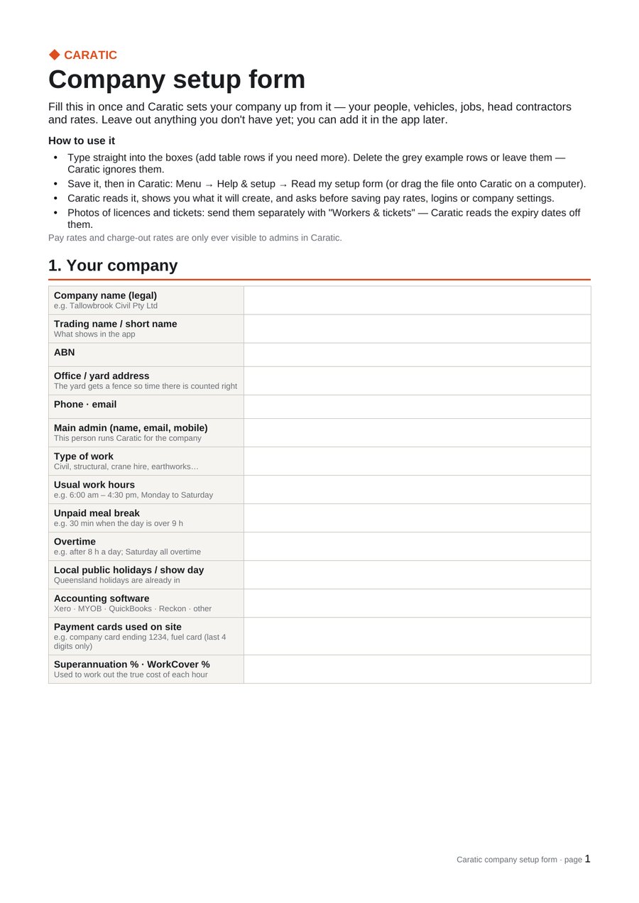 Page 1 of the Caratic company setup form