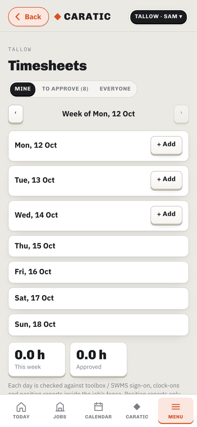 Timesheets screen